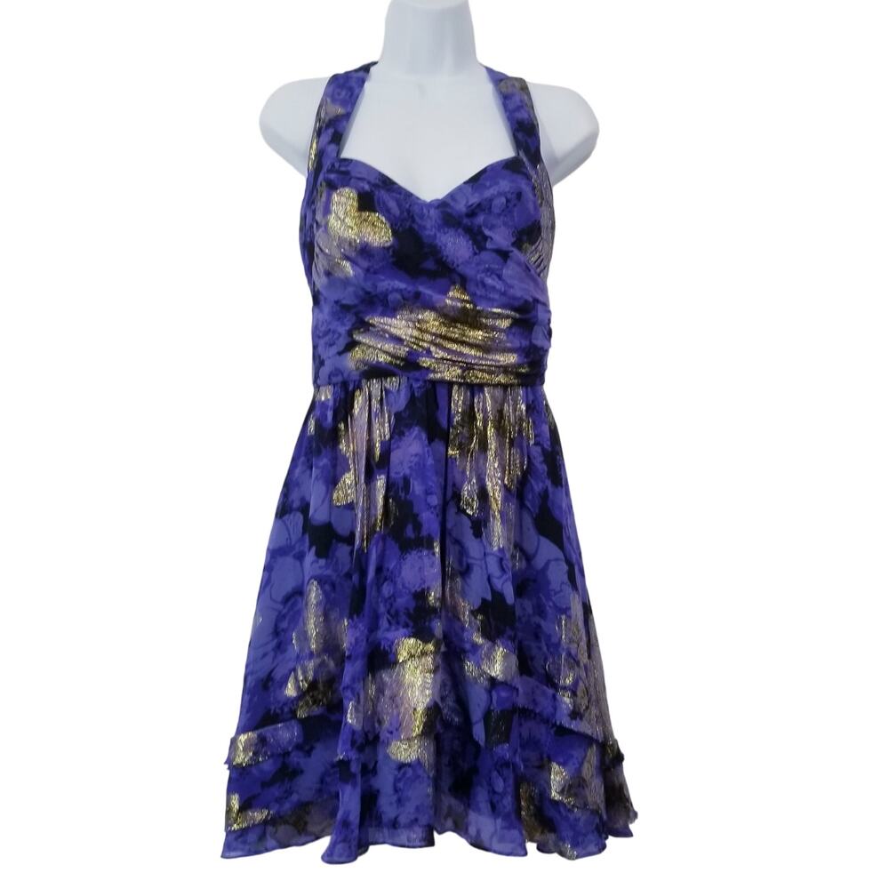 Nicole Miller Gold Metallic Blue Silk Blend Fit and Flare Cocktail Mini Dress